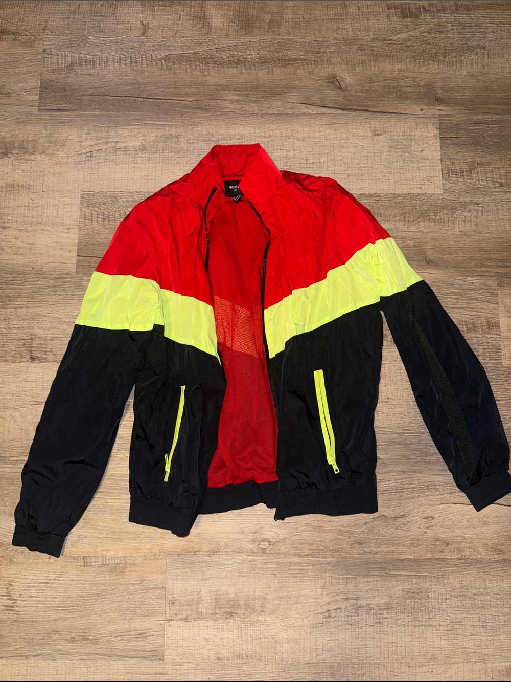 Forever 21 Men's Colorblock Windbreaker Jacket - Red, Neon Yellow & Black